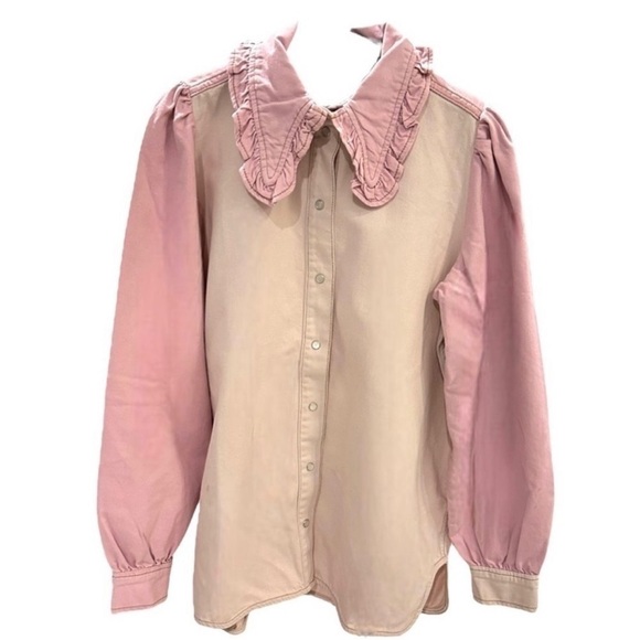 Ganni Ruffled Two-Tone Lilac Lavender organic Denim Shirt Jacket Shacked BNWT - Picture 7 of 12